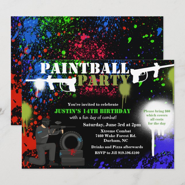 Invitation d'anniversaire pour une fête de paintba (Devant / Derrière)