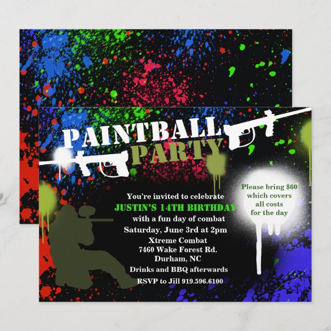 Invitation d'anniversaire pour une fête de paintba (Devant / Derrière)
