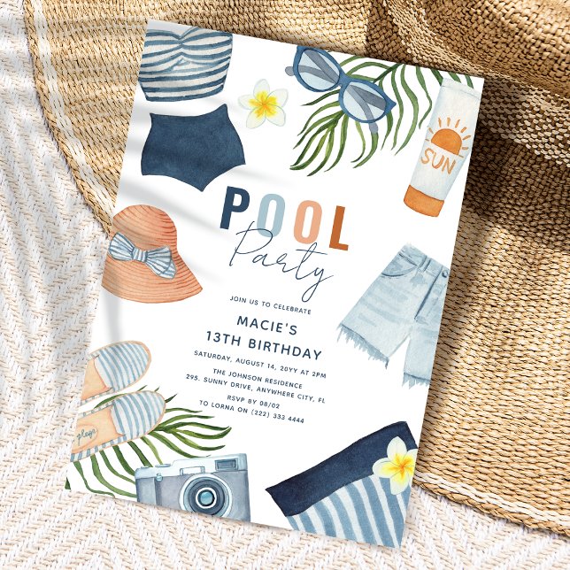 Invitation d'anniversaire pour une fête de piscine (Girly Pool Party Birthday Invitation)