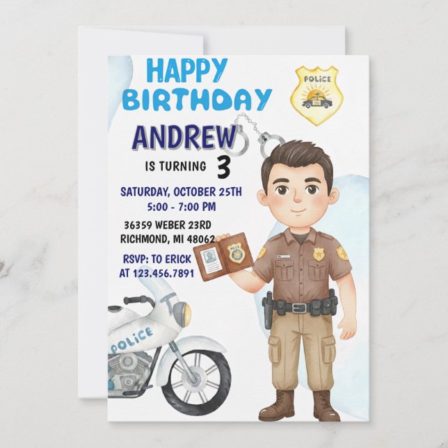 Invitation d'anniversaire pour une fête de policie (Devant)