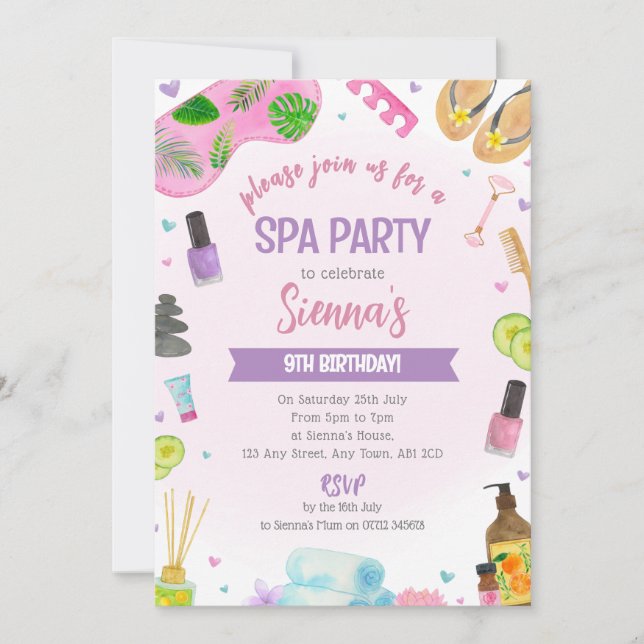 Invitation d'anniversaire pour une fête de spa ros (Devant)