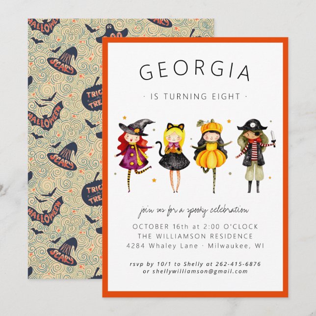 Invitation d'anniversaire pour une fête d'Hallowee (Devant / Derrière)