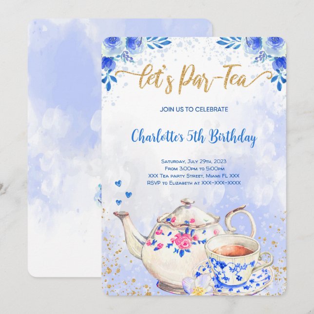 Invitation d'anniversaire pour une fête du thé Ble (Devant / Derrière)