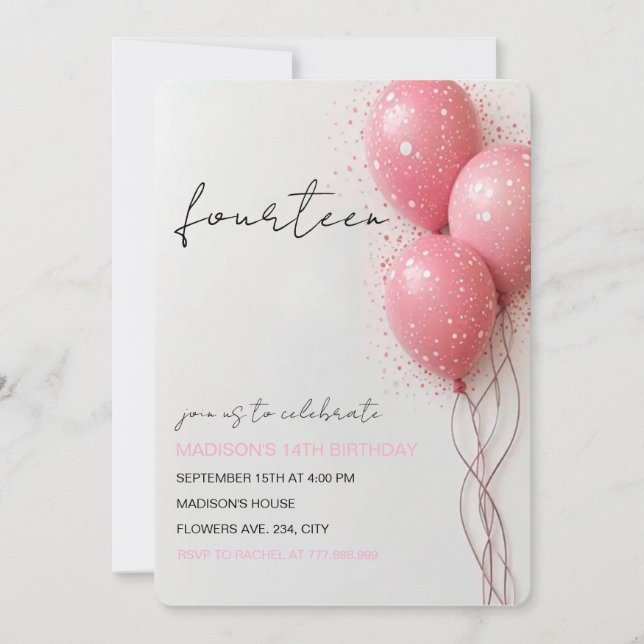 Invitation d'anniversaire pour une fille, ballon r (Devant)
