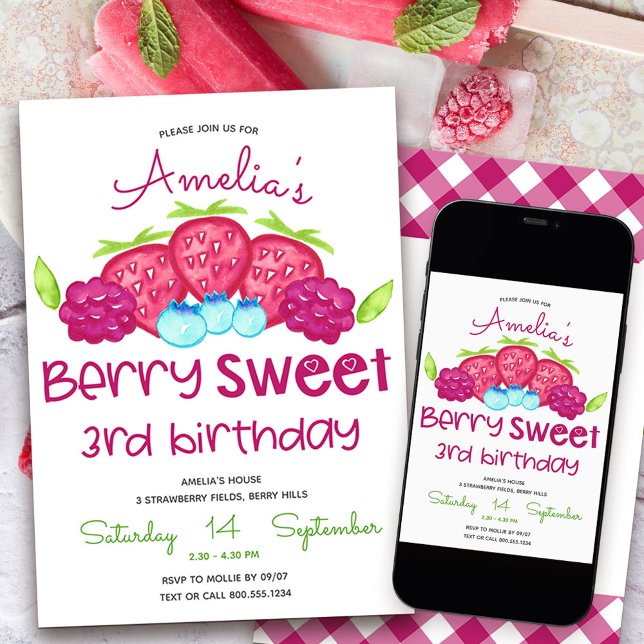 Invitation d'anniversaire pour une fille de 3 ans  (Berry Sweet 3rd Birthday Invitation)