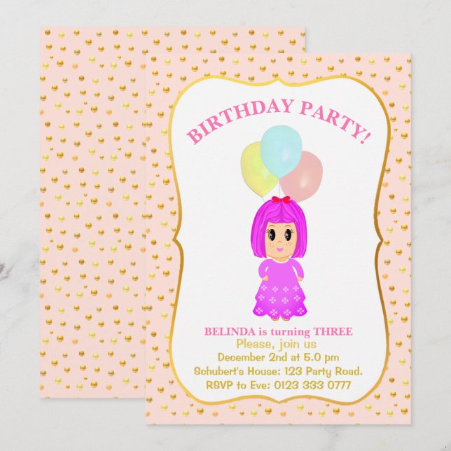 Invitation d'anniversaire pour une jolie fille de  (Devant / Derrière)