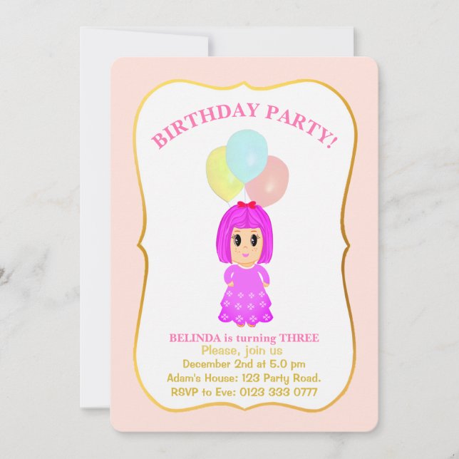 Invitation d'anniversaire pour une jolie fille de  (Devant)