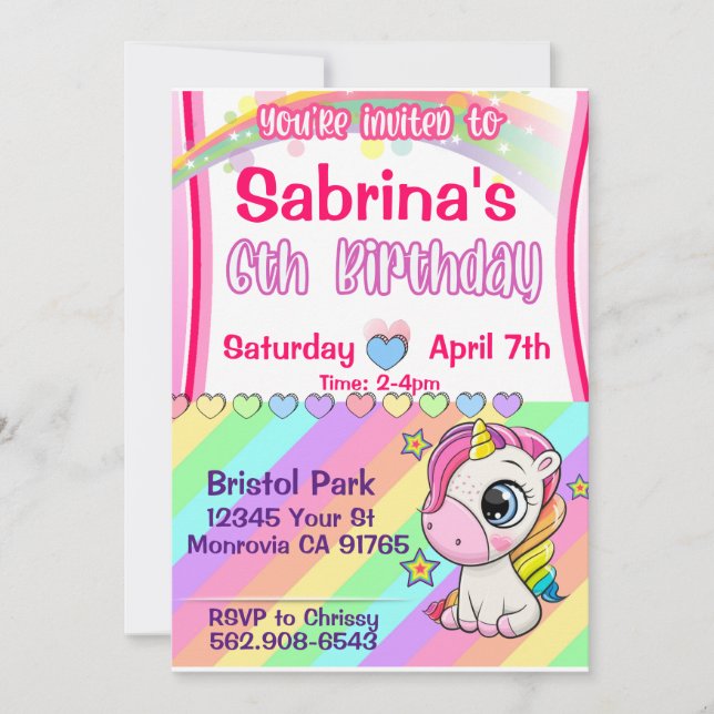 Invitation d'anniversaire pour une licorne bébé mi (Devant)