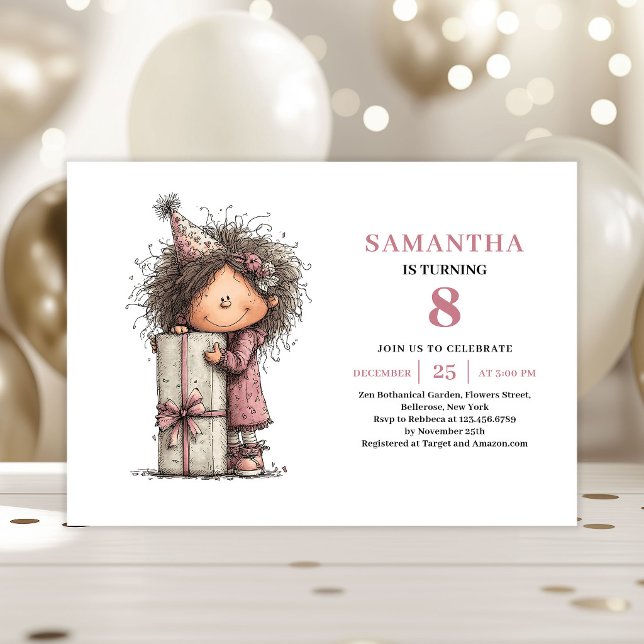 Invitation d'anniversaire pour une petite fille or (Quirky Toddler Girl 8th Birthday Invite Pink)