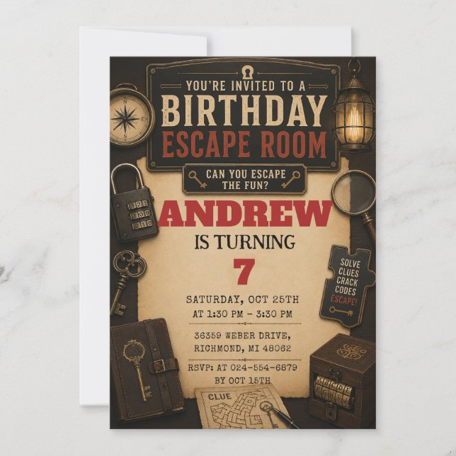 Invitation d'anniversaire pour une salle d'évasion (Devant)