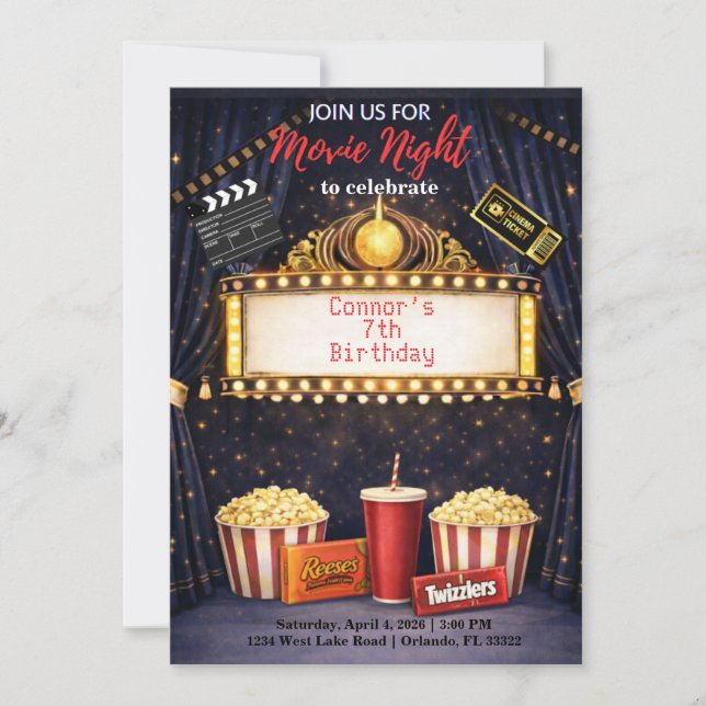 Invitation d'anniversaire pour une soirée cinéma  (Devant)