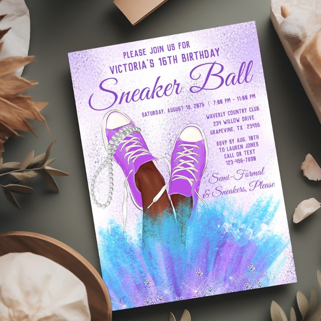 Invitation d'anniversaire pour une soirée dansante (Purple teal sneaker ball invitation. Instant download file and printed invitations available.)