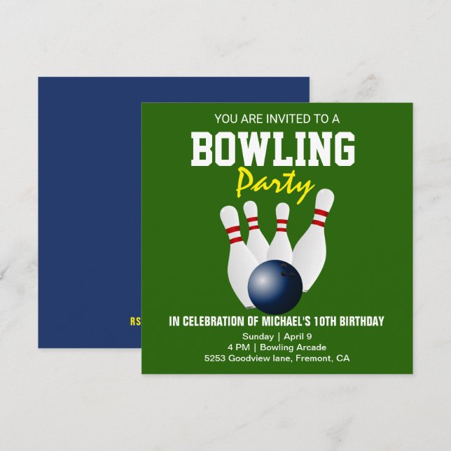 Invitation d'anniversaire pour une soirée de bowli (Devant / Derrière)