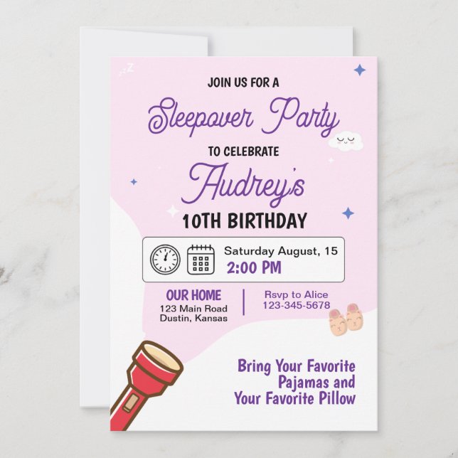 Invitation d'anniversaire pour une soirée pyjama (Devant)