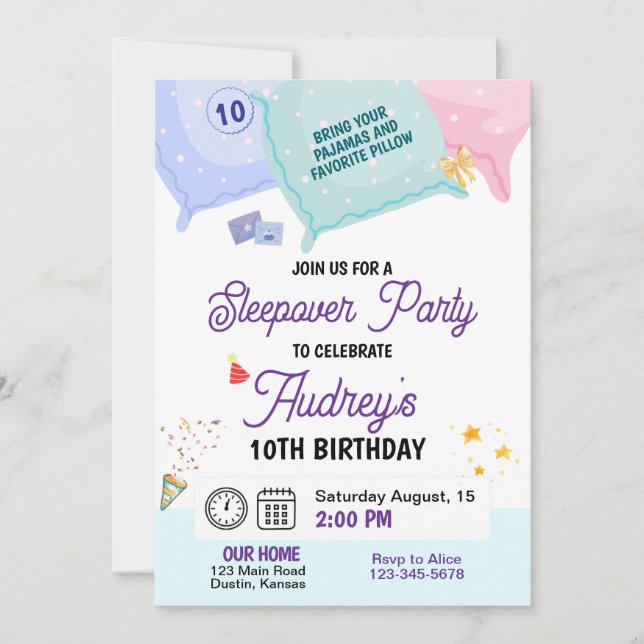 Invitation d'anniversaire pour une soirée pyjama (Devant)