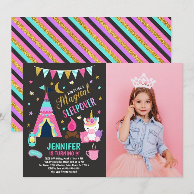 Invitation d'anniversaire pour une soirée pyjama l (Devant / Derrière)