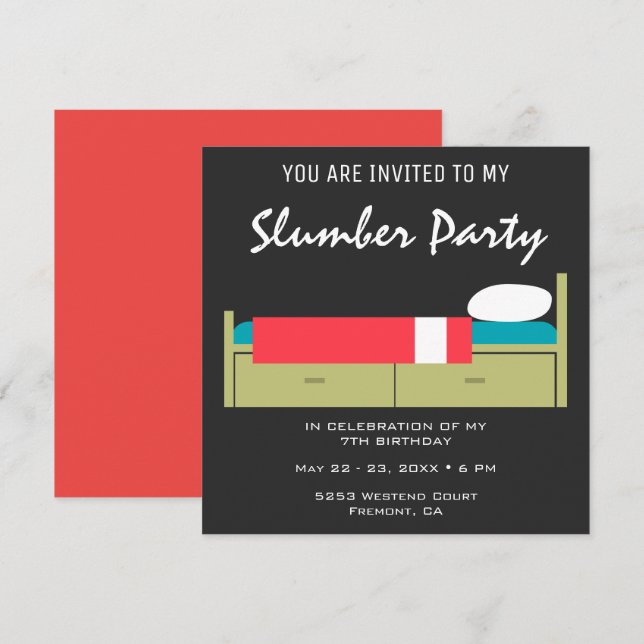 Invitation d'anniversaire pour une soirée pyjama m (Devant / Derrière)