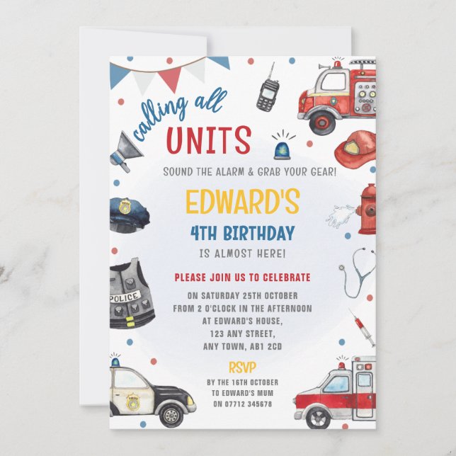 Invitation d'anniversaire pour véhicules d'urgence (Devant)