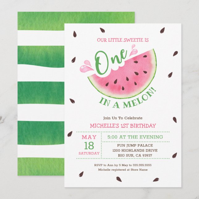 Invitation d'anniversaire pour Watermelon One In A (Devant / Derrière)