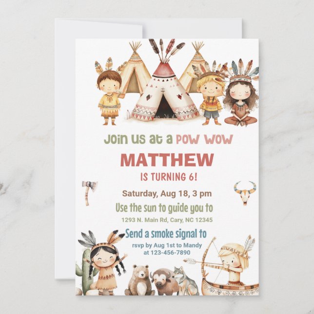 Invitation d'anniversaire Pow Wow pour Amérindiens (Devant)