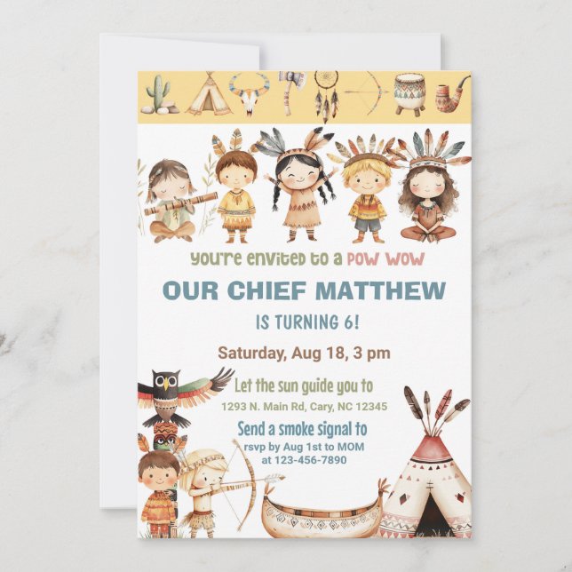 Invitation d'anniversaire Pow Wow pour Amérindiens (Devant)