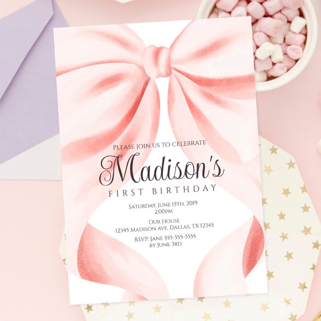 Invitation d'anniversaire premier avec un nœud ros (Créateur téléchargé)