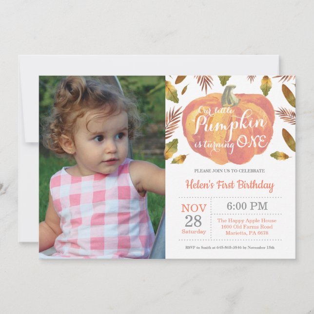 Invitation d'anniversaire premier de citrouille or (Devant)