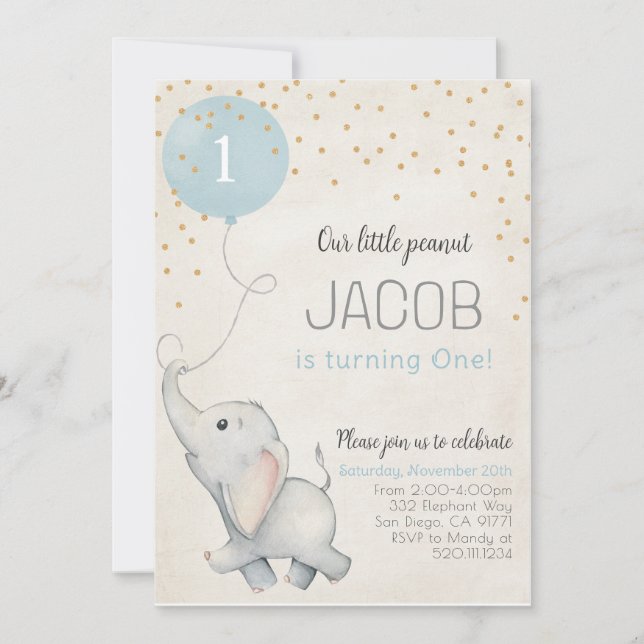 Invitation d'anniversaire premier pour bébé élépha (Devant)