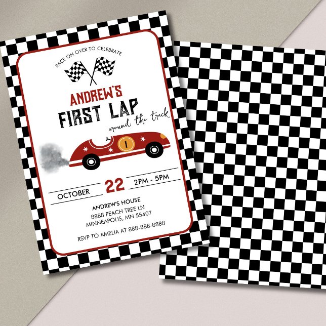Invitation d'anniversaire Premier Tour de Voiture  (Race car first lap birthday invite with editable age and red car design)
