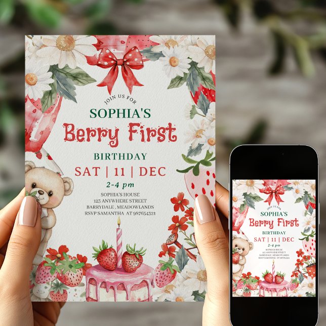 Invitation d'anniversaire première vintage fraise  (Créateur téléchargé)
