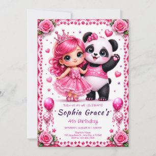 Invitation d'anniversaire Pretty Pink Panda & Prin