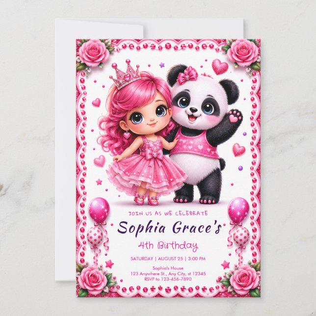 Invitation d'anniversaire Pretty Pink Panda & Prin (Devant)