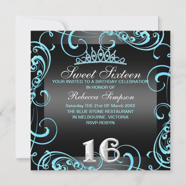 Invitation d'anniversaire Princess Sweet 16 Bleu & (Devant)