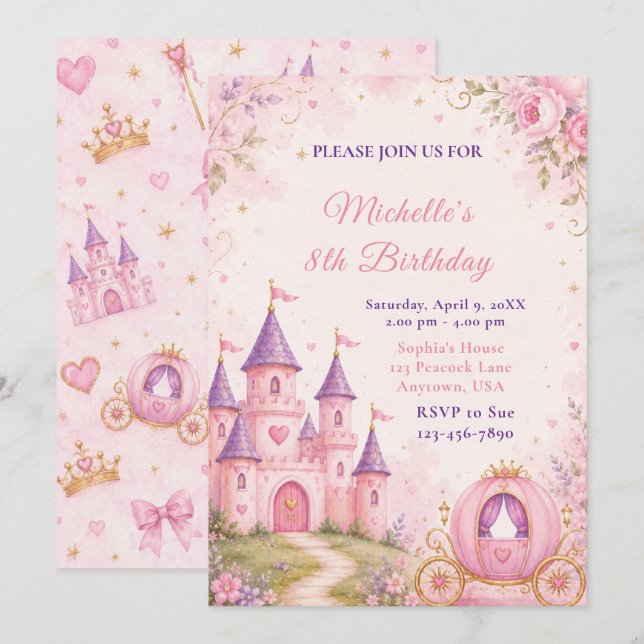 Invitation d'anniversaire Princesse Château et Car (Devant / Derrière)