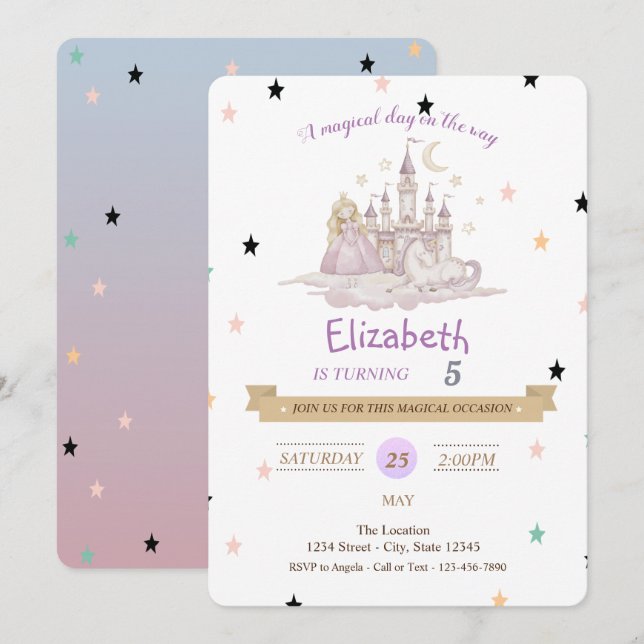 Invitation d'anniversaire Princesse Château Poney (Devant / Derrière)