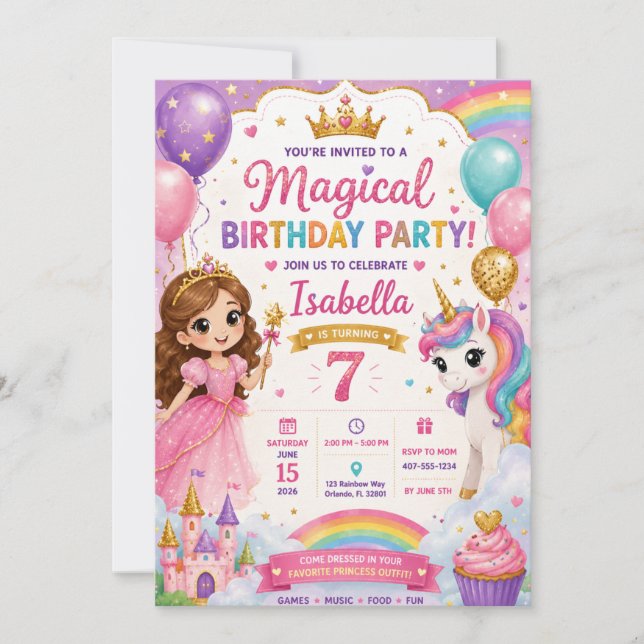 Invitation d'anniversaire Princesse Licorne | Magi (Devant)
