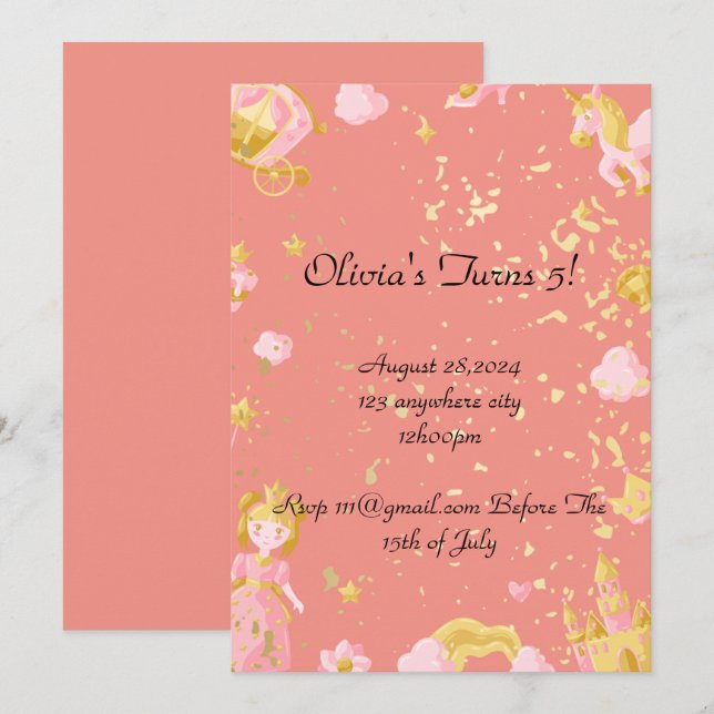 invitation d'anniversaire princesse rose (Devant / Derrière)