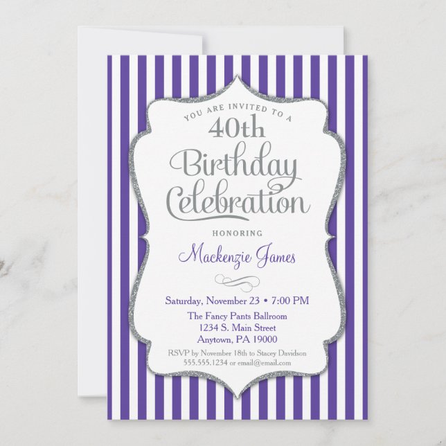 Invitation d'anniversaire Purple Argent Adulte Adu (Devant)