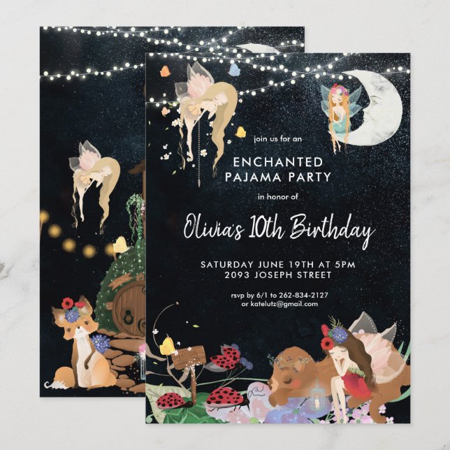 Invitation d'anniversaire pyjama Fée Soirée Pyjama (Devant / Derrière)