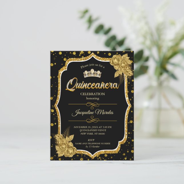 Invitation d'anniversaire Quinceañera Or Noir & Bl (Debout devant)