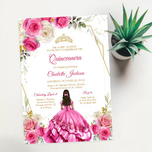Invitation d'anniversaire Quinceanera rose et or