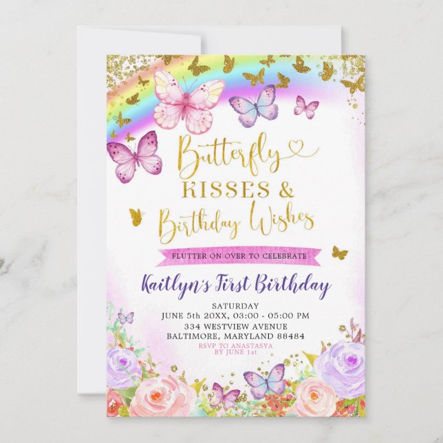 Invitation d'anniversaire Rainbow Pink et Purple B (Devant)