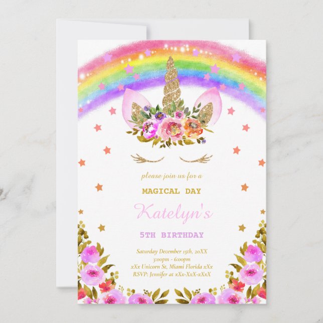 Invitation d'anniversaire Rainbow Unicorn (Devant)