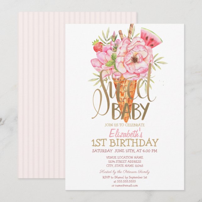 Invitation d'anniversaire rayée Fruits de Glace Co (Devant / Derrière)