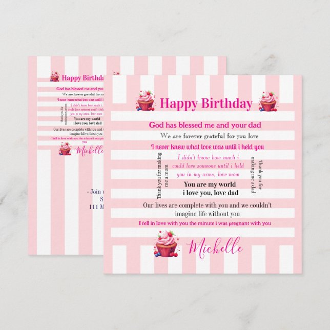 Invitation d'anniversaire rayée rose et blanc (Devant / Derrière)