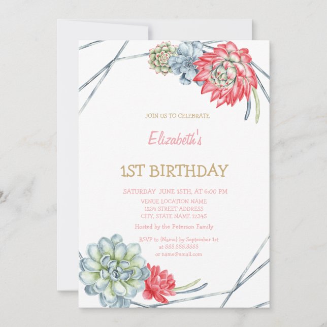 Invitation d'anniversaire rayée Succulentes rouges (Devant)