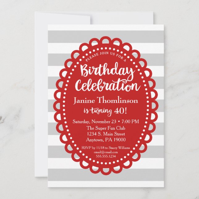 Invitation d'anniversaire Red Grey Adulte Wide Str (Devant)