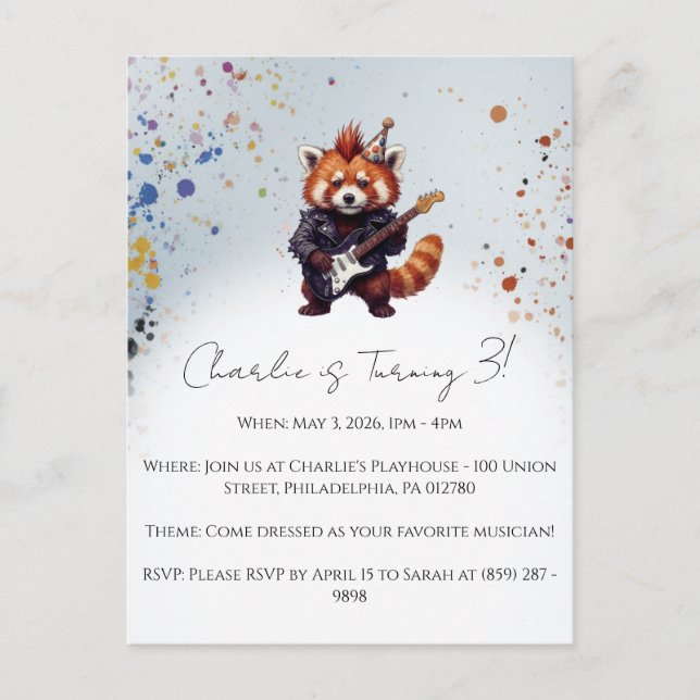 Invitation d'anniversaire Red Panda Rocker (Devant)