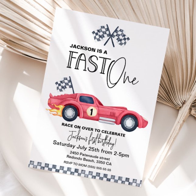 Invitation d'anniversaire Red Race car FAST ONE (Red Race Car invitation FAST ONE)