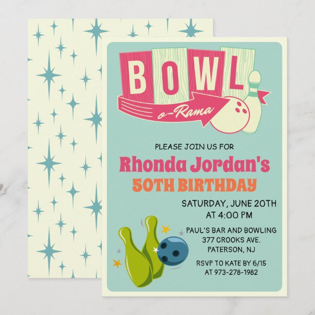 Invitation d'anniversaire Rétro Bowling - Tous âge (Devant / Derrière)